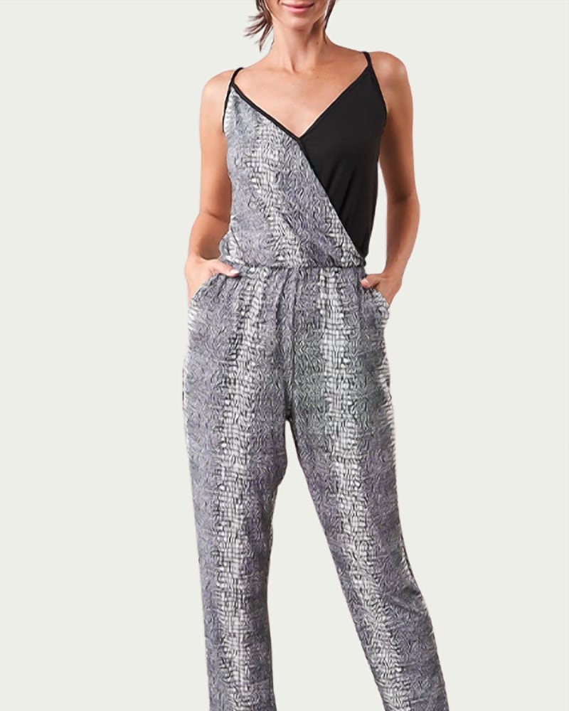 Front of a model wearing a size L Shela Wrap-Effect Two-Tone Stretch-Jersey Jumpsuit in Black Multi in Black Multi by SugarLips. | dia_product_style_image_id:346672